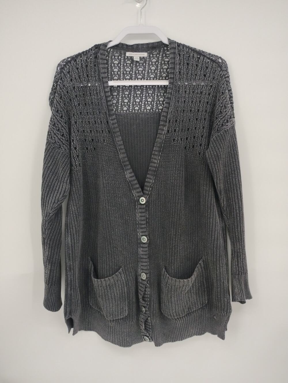 American Eagle Charcoal Gray V-neck Open Knit Cardigan Sweater Large